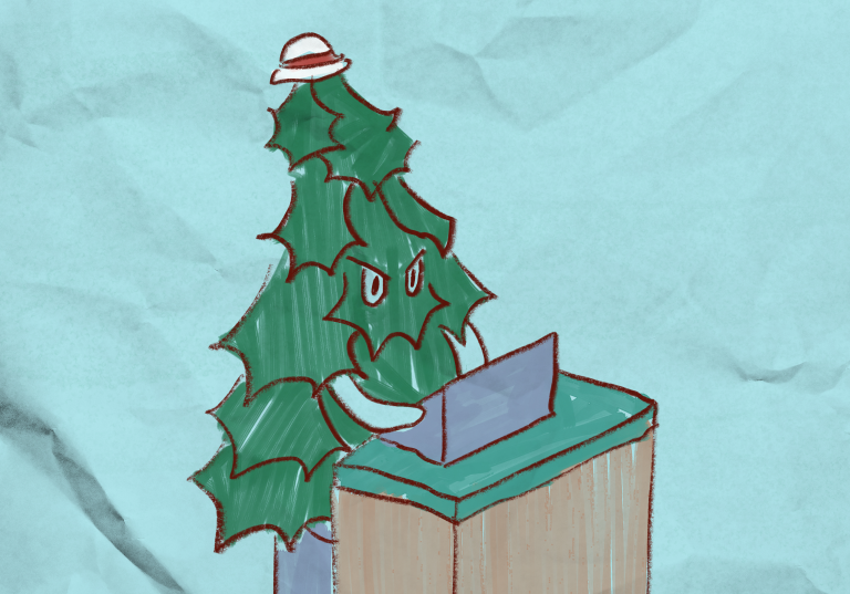 Graphic of Stanford tree standing and using a laptop with teal background