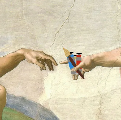 Graphic spoofing Michaelangelo's painting "The Creation of Adam" but with paint and brushes in God's hand.