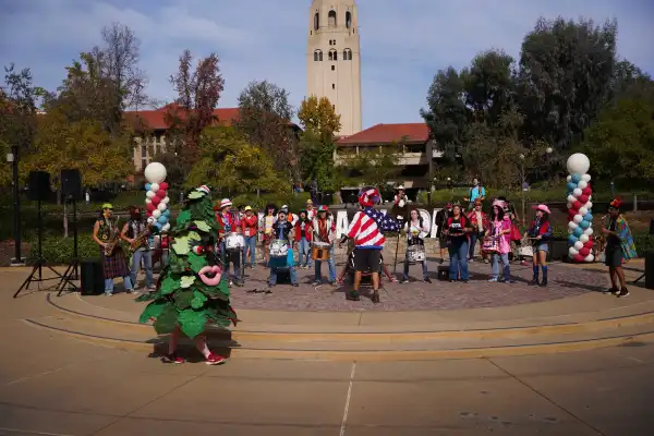 LSJUMB, Stanford's marching band, performs at Democracy Day.