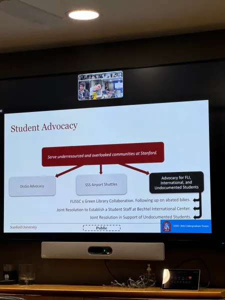 Projector of a Zoom screen showing student advocacy initiatives