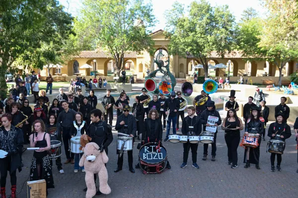 The Leland Stanford Junior University Marching Band conducts the Bearial — a symbolic “execution” of Cal’s beloved mascot, Oski the Bear — at White Plaza in preparation for the 127th Big Game. (Photo: CAYDEN GU/The Stanford Daily)