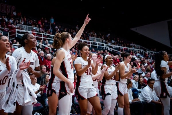 Stanford bench celebrates during a game against Gonzaga University.