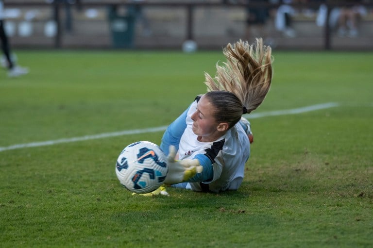 Soccer goalie dives for the ball.