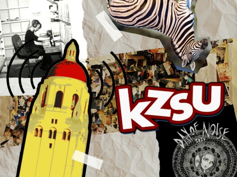 A graphic with the letters KZSU, photos of the group's members and Hoover Tower.