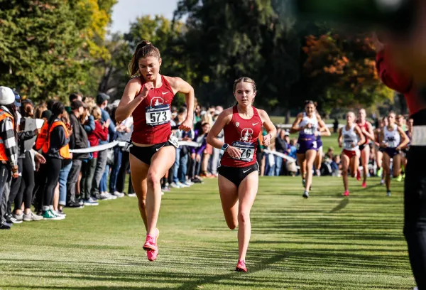 Two cross country runners during a competition.