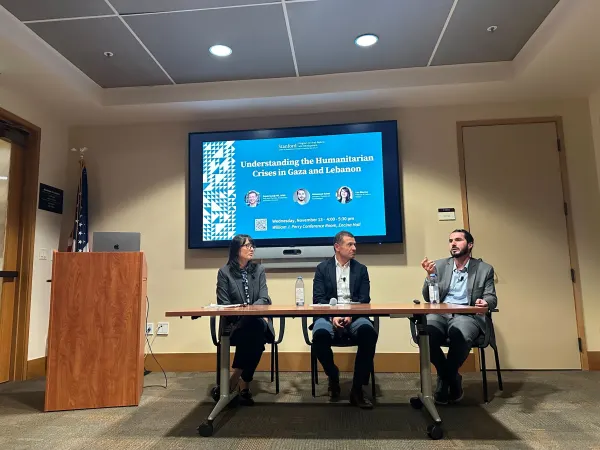 Physicians Rajaie Batniji and Mohammad Subeh spoke on the dehumanization of Palestinians, urging that approaching the crisis solely as a humanitarian issue overlooks its moral implications. (Photo: SHAYLA FITZSIMMONS-CALL/The Stanford Daily)