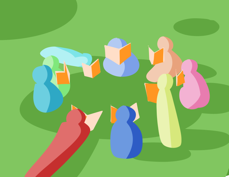 Animated colored shapes of people sit in a circle reading books.