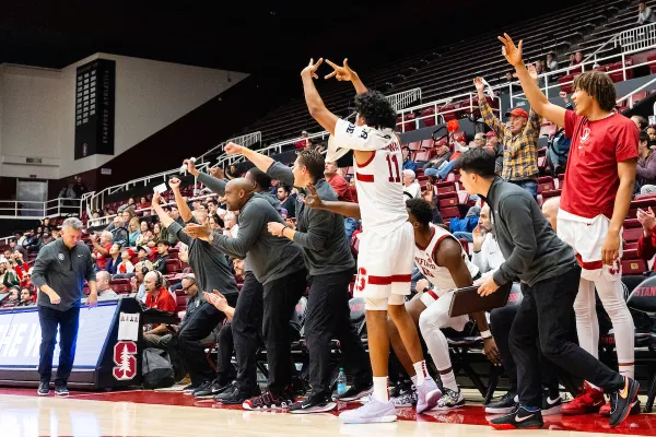 Stanford men's basketball team celebrates during a game against Norfolk State.