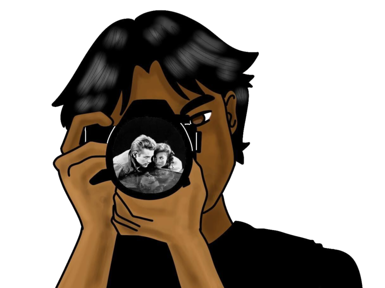 A graphic of a person holding a camera pointed at the viewer.