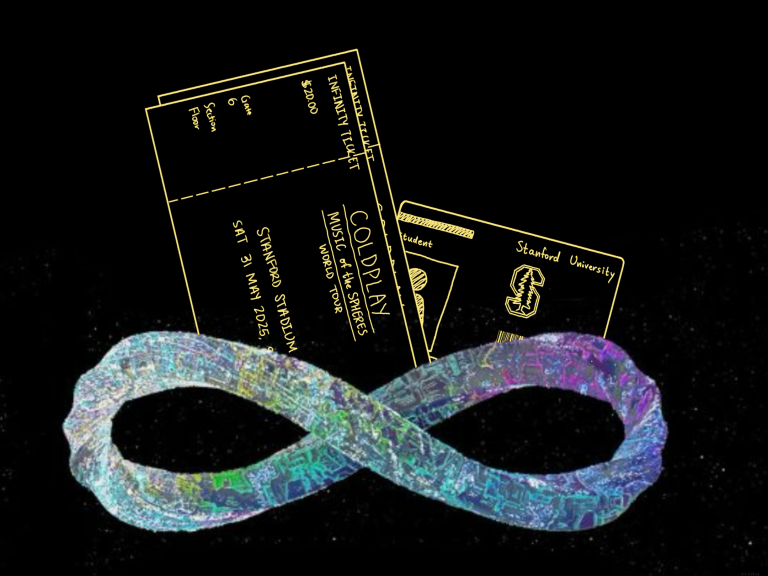 Yellow outlines of 2 Infinity Tickets and a Stanford student ID stem from the Infinity symbol for Coldplay's world tour.