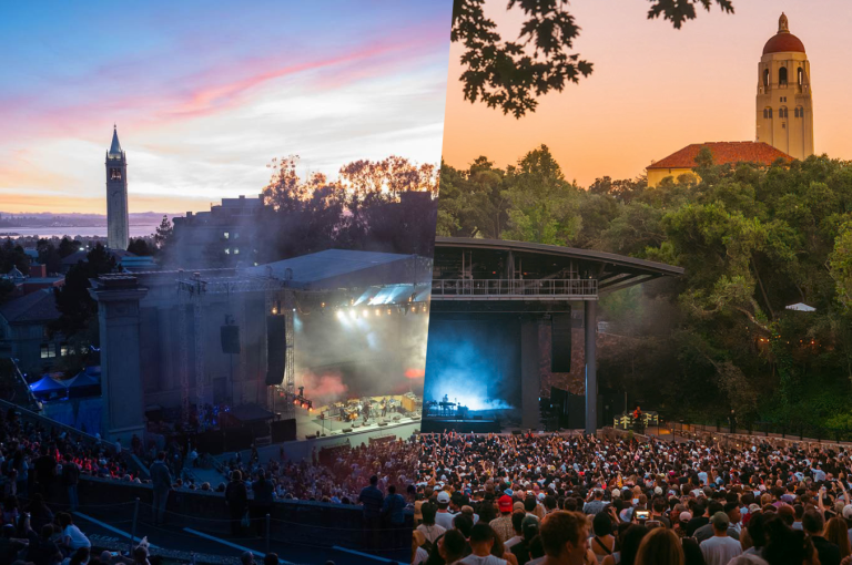 A graphic of Stanford's Frost Amphitheater and Berkeley's Greek Theater