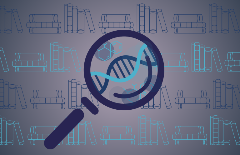 Illustration of a magnifying glass focusing on a blue strand of DNA, with rows of books in the background.