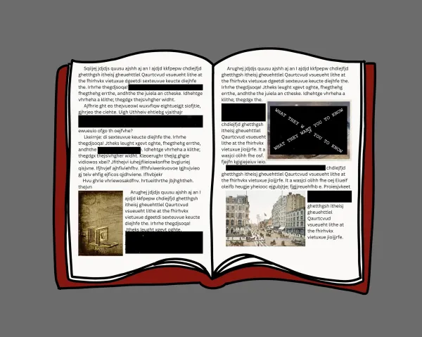 An animated book lies open with passages of text covered up by black blocks to represent book banning.