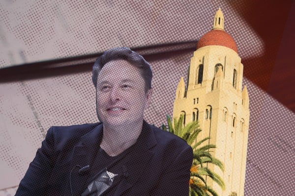 A graphic depicting Elon Musk alongside Hoover Tower.