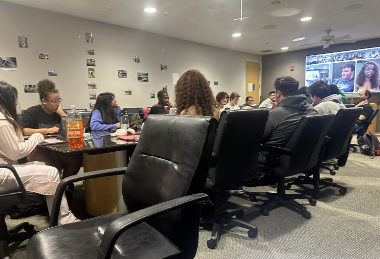 Senators sit around a table with some on a projected Zoom screen.