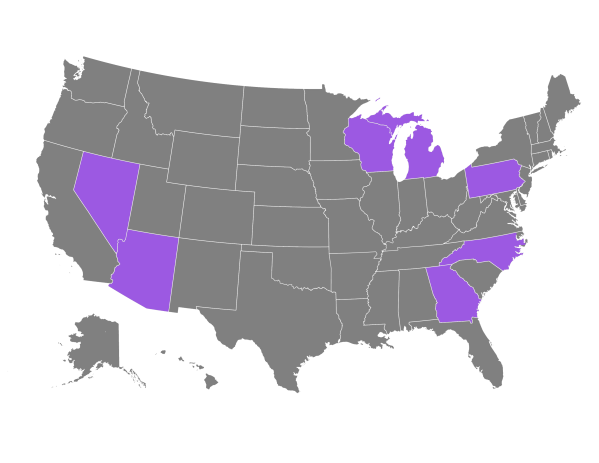 Map of the United States with the seven swing states highlighted in purple.