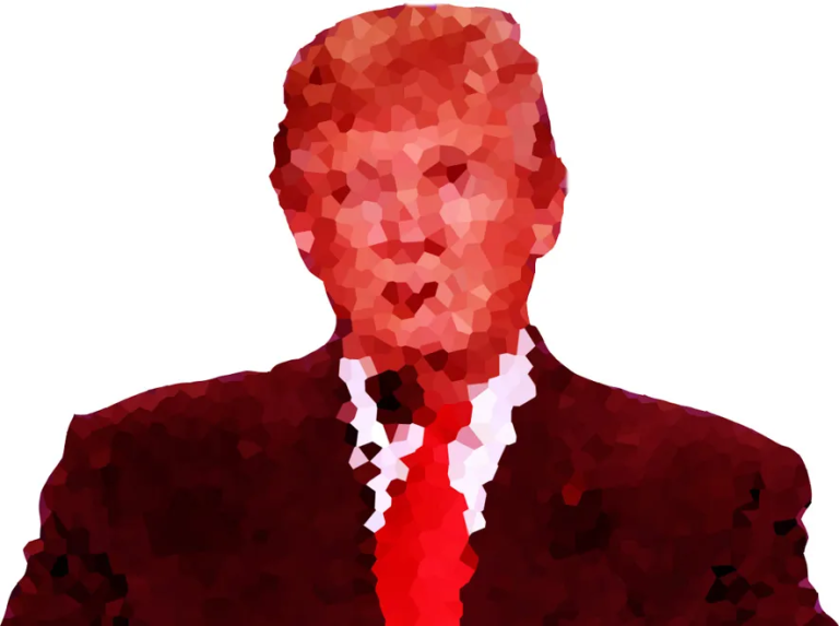 Blurry pastel image of Donald Trump in a suit and red tie.