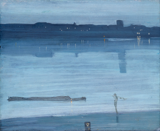 The "Nocturne in Blue and Silver, Chelsea" painting, showing a city in the background, a sea in most of the foreground and a tiny fisherman in the very front.