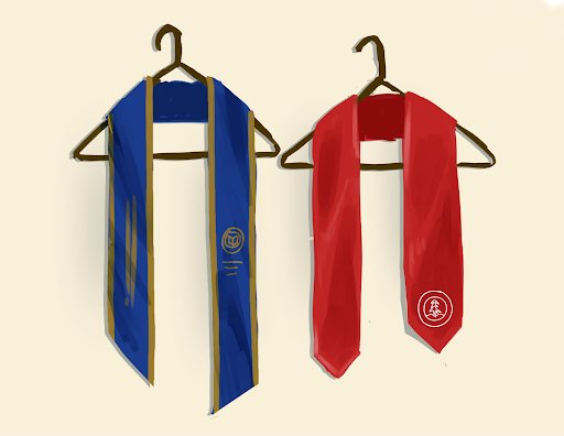 Graphic of two graduation stoles, a blue Berkeley one on the left and a red Stanford one on the right