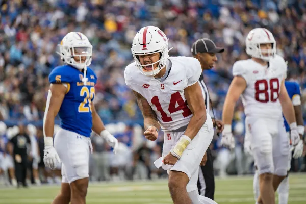 Ashton Daniels celebrates in end zone during a game against San Jose State University.