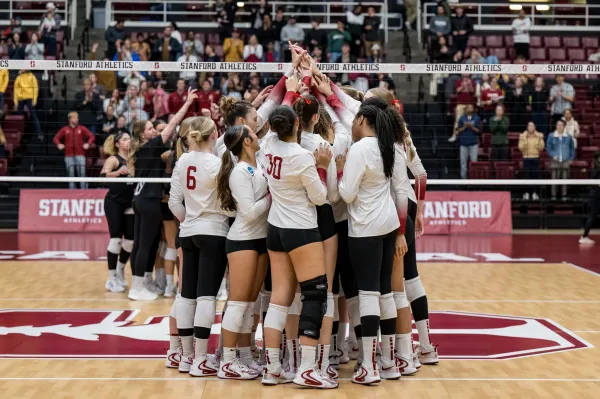 Volleyball team under the net.