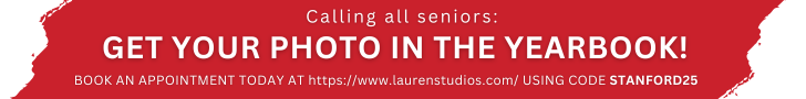 Reads "Calling all seniors: Get your photo in the yearbook! Book an appointment today at https://laurenstudios.com using code STANFORD25