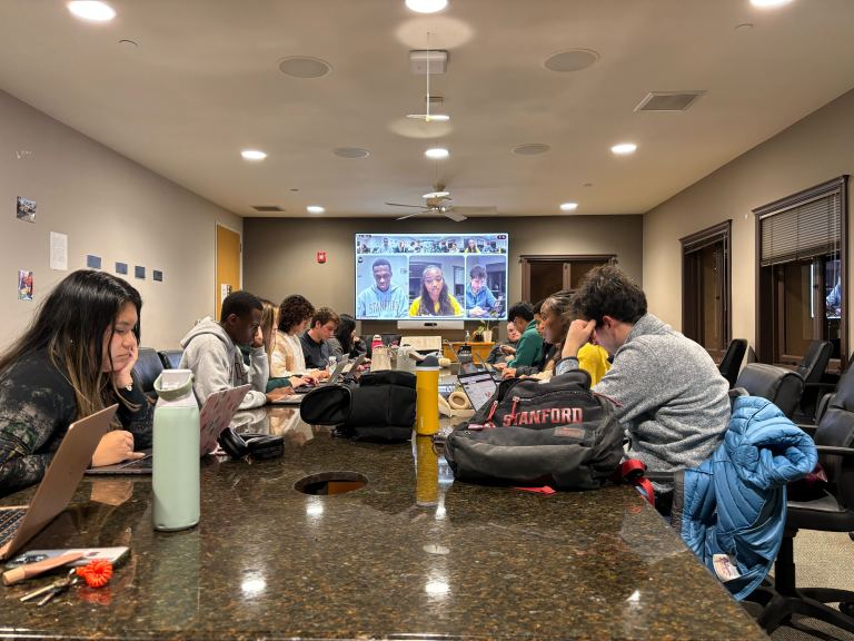 Undergraduate Senators sitting around a table with their laptops open.