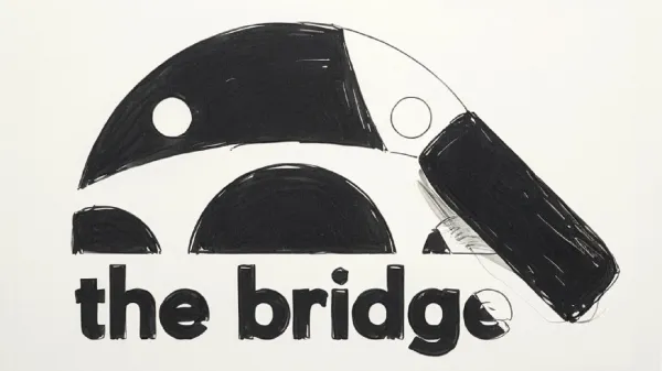 Black and white graphic of a a dome with two figures holding hands. "The Bridge" is written below.