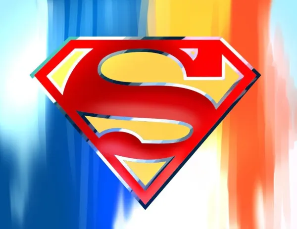 The Superman logo 'S' over a colorful background.