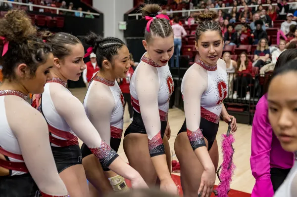 Women's gymnastics team in a huddle.