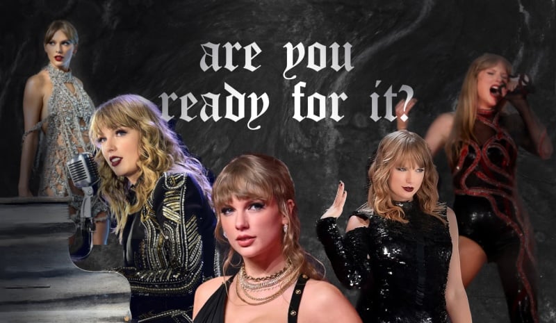 Taylor Swift super-imposed over a poster of her Reputation tour.