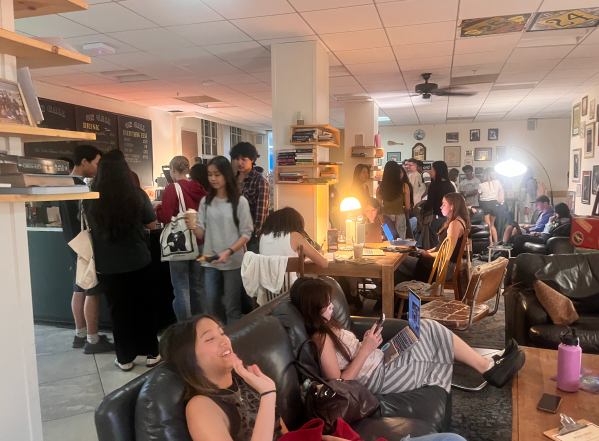 A picture of students hanging around and sitting at On Call Cafe