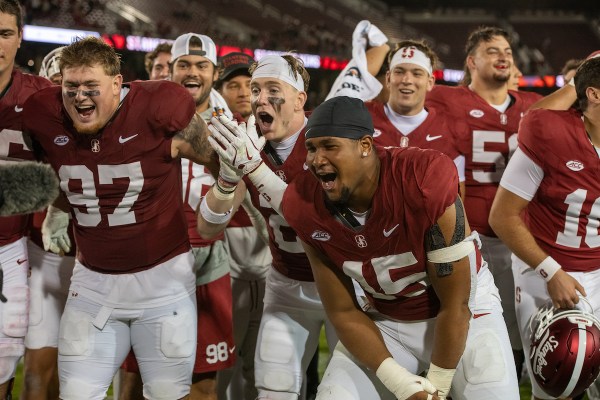 The Stanford football team celebrates after a game against Boston College at Stanford Stadium. The team took down San José State Saturday night to remain undefeated at home. (Photo: SUPRIYA LIMAYE/ISI Photos)