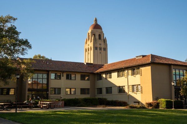a photo of hoover tower and stanford dorm