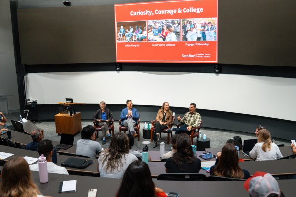 Daniel Lubetzsky JD ’93, Jenny Martinez, Jamil Zaki and Debra Satz gather for a discussion celebrating the launch of the Stanford Builders Forum. (Courtesy of Jess Alvarenga)