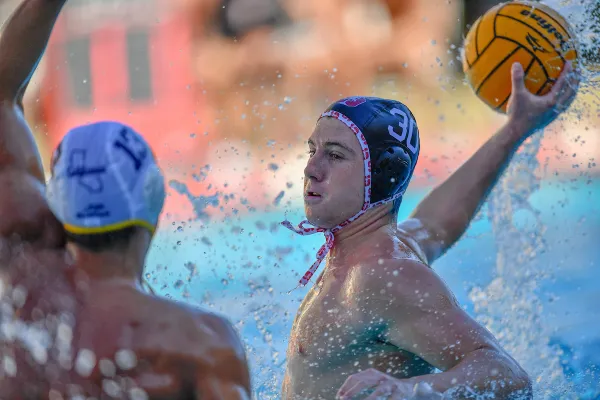 Ben Forer during a game against the University of California, Berkeley at Avery Aquatic Center on October 17. Forer led Stanford with four goals and three assists in the win over Cal. (Photo: BOB DAHLBERG/ISI Photos)