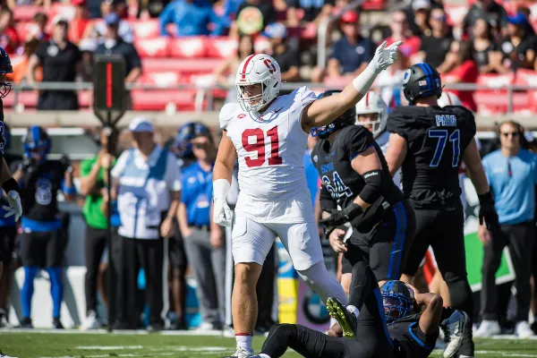 Clay Patterson during a game against Southern Methodist University at Gerald J. Ford Stadium on October 11. Patterson leads the team with three sacks on the season. (Photo: KAREN HICKEY/ISI Photos)
