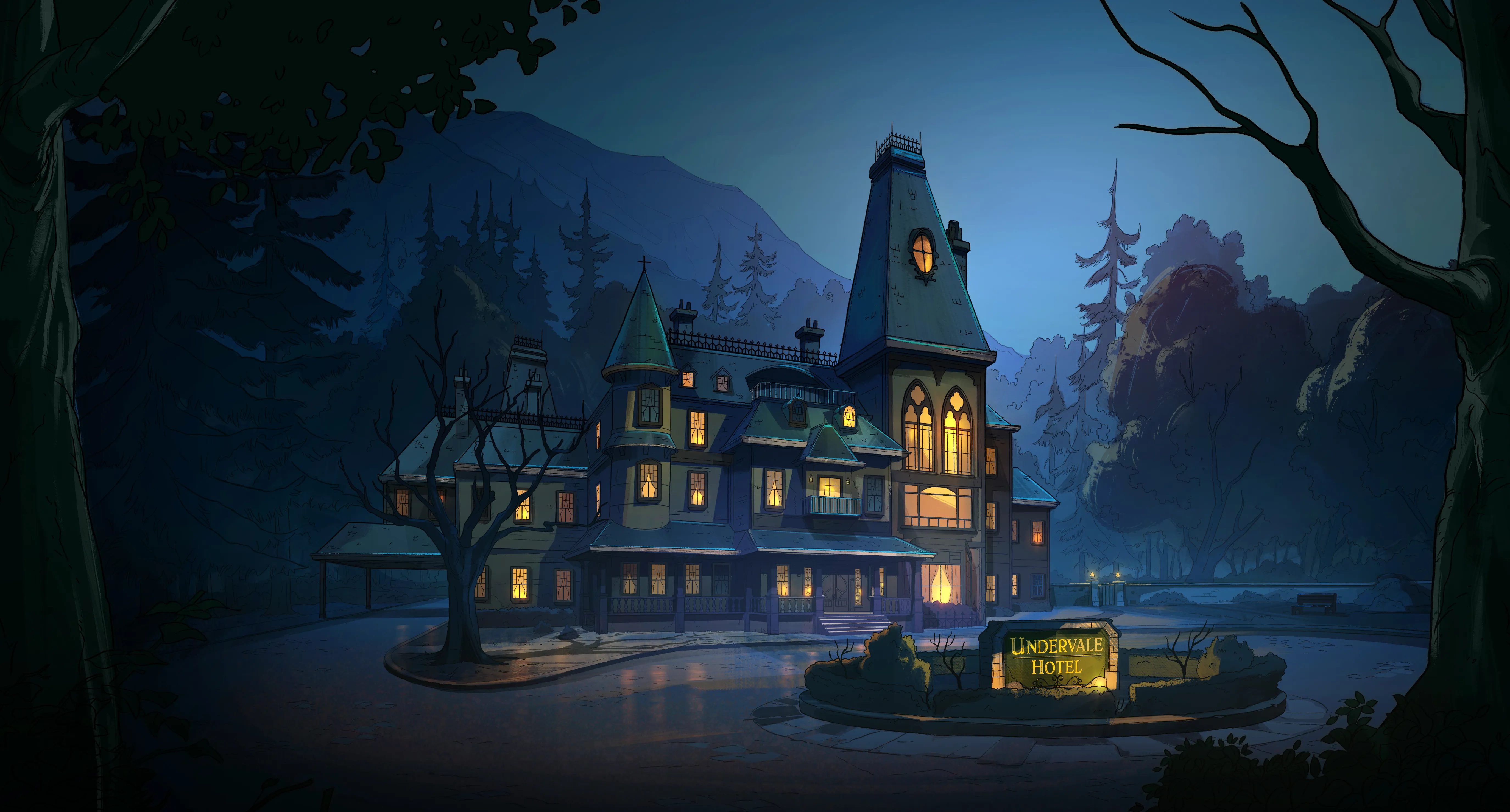 A animated haunted hotel sits against a night backdrop, lit from the inside.