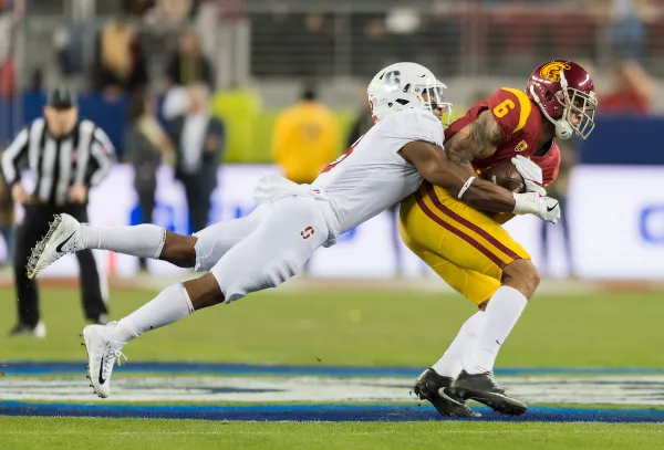 Justin Reid makes a tackle during the PAC-12 Championship game against the USC Trojans at Levi's Stadium in December 2017. Reid had another strong performance in Week 12. (Photo: DAVID BERNAL/ISI Photos)