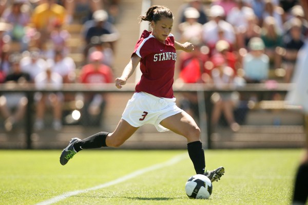 Ali Riley strikes the ball during Stanford's 5-0 win over the University of the Pacific Tigers on August 24, 2008 at Laird Q. Cagan Stadium. Riley, and Angel City FC teammate Christen Press, will retire at the conclusion of the season next month. (Photo: DAVID GONZALES/ISI Photos)