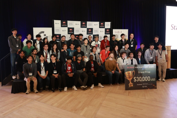 [ALT TEXT] Participants of the sushi hackathon pose for a photo.