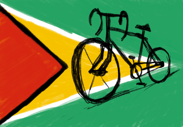 Sketch of a bike with the Guyanese flag in the background