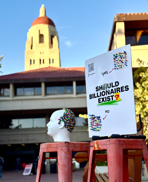 A sign asking "Should Billionaires Exist?"