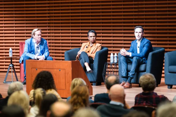 University president Jon Levin ’94, Hoover Institute director Condoleezza Rice and student leaders discussed campus political climate, free speech and the definition of diversity. (Photo: CAYDEN GU/The Stanford Daily)