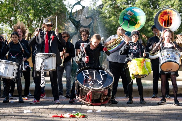 A picture of Stanford students in the band playing instruments
