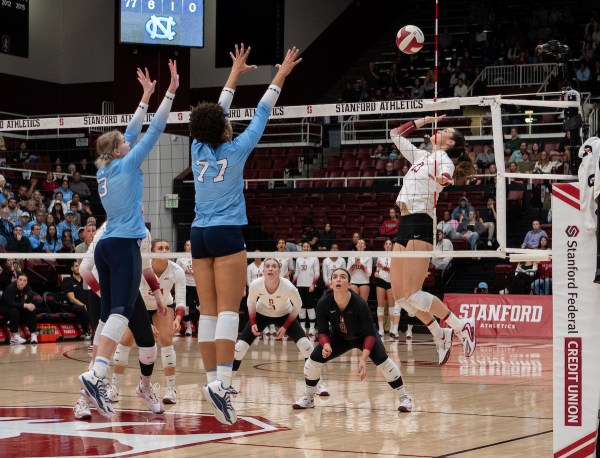 Elia Rubin attempts a spike during a game against the University of North Carolina at Maples Pavilion on Nov. 7. Rubin, a senior, set a school record in career service aces in Friday's win over North Carolina. (Photo: FAUSTO IBARRA/ISI Photos)