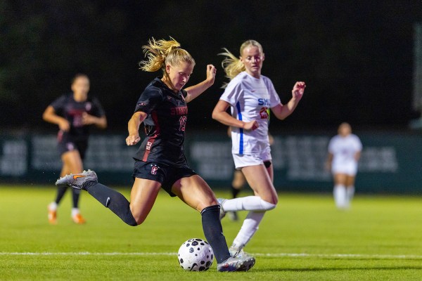 Charlotte Kohler during a match against Southern Methodist University at Maloney Field at Laird Q. Cagan Stadium on Oct. 25. Kohler clinched the ACC title for Stanford with a sixth-round penalty kick against Notre Dame on Sunday. (Photo: MATTHEW HUANG/ISI Photos)