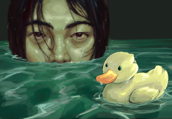 A student stays barely afloat in green, murky water next to a duck.