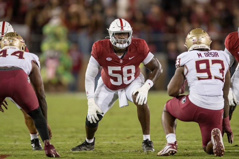 Kahlil House during a game against Florida State University at Stanford Stadium on Oct. 18. House and the rest of the offensive line is regrouping and retooling after a disappointing outing in last week's game against Pittsburgh. (Photo: KAREN HICKEY/ISI Photos)