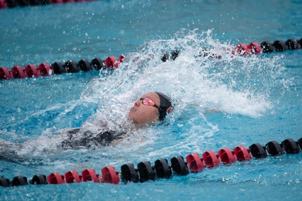 Levenia Sim during a meet against the University of California-Berkeley at Avery Aquatic Center on Feb. 1. Sim came up victorious in the 50 and 100 backstrokes during last week's Triple Distance meet in Berkeley. (Photo: THIEN-AN TRUONG/ISI Photos)